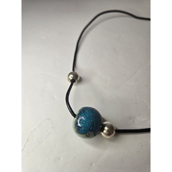 Black Corded Necklace with Peacock Bead Silver Tone Adjustable Length - Picture 8 of 8